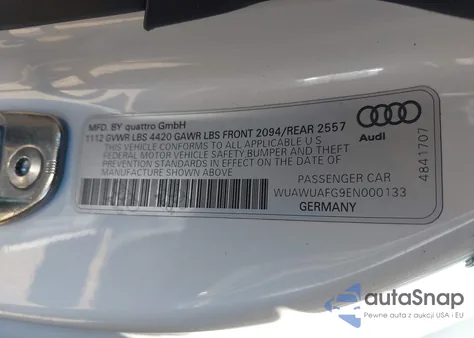 2014 Audi R8 4.2 z USA, uszkodzony, nr VIN WUAWUAFG9EN000133